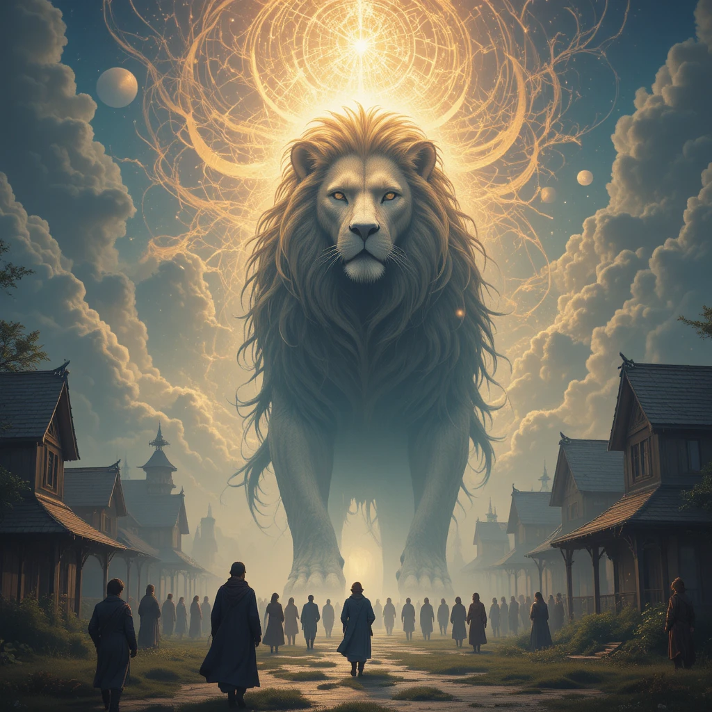 Majestic lion standing in the middle of a quiet village