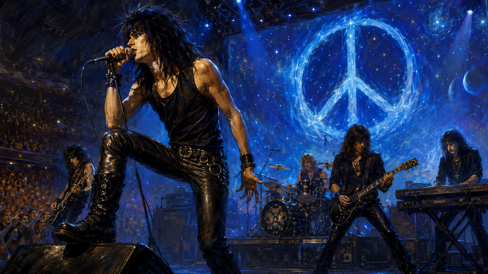 Rock singer performing on stage in a crowded concert hall