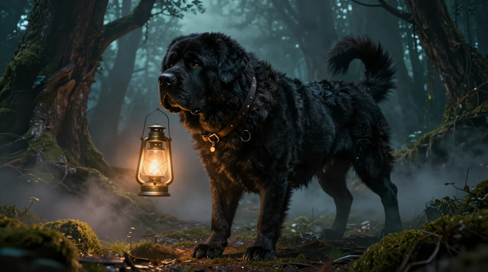 Majestic black mastiff with lantern in mystical night forest