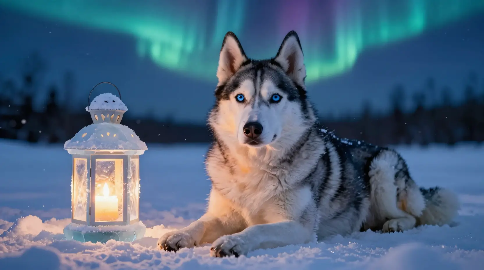 Husky dagli occhi azzurri che riposa accanto a una lanterna di ghiaccio luminosa