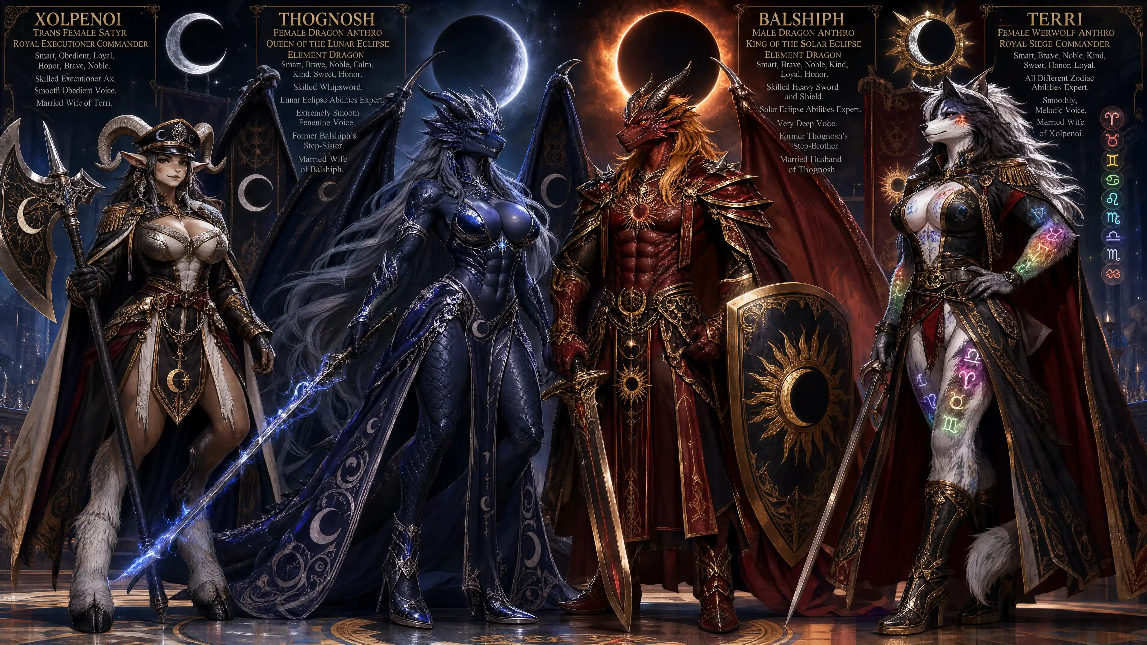 Regal lunar dragon queen with dark sapphire eyes