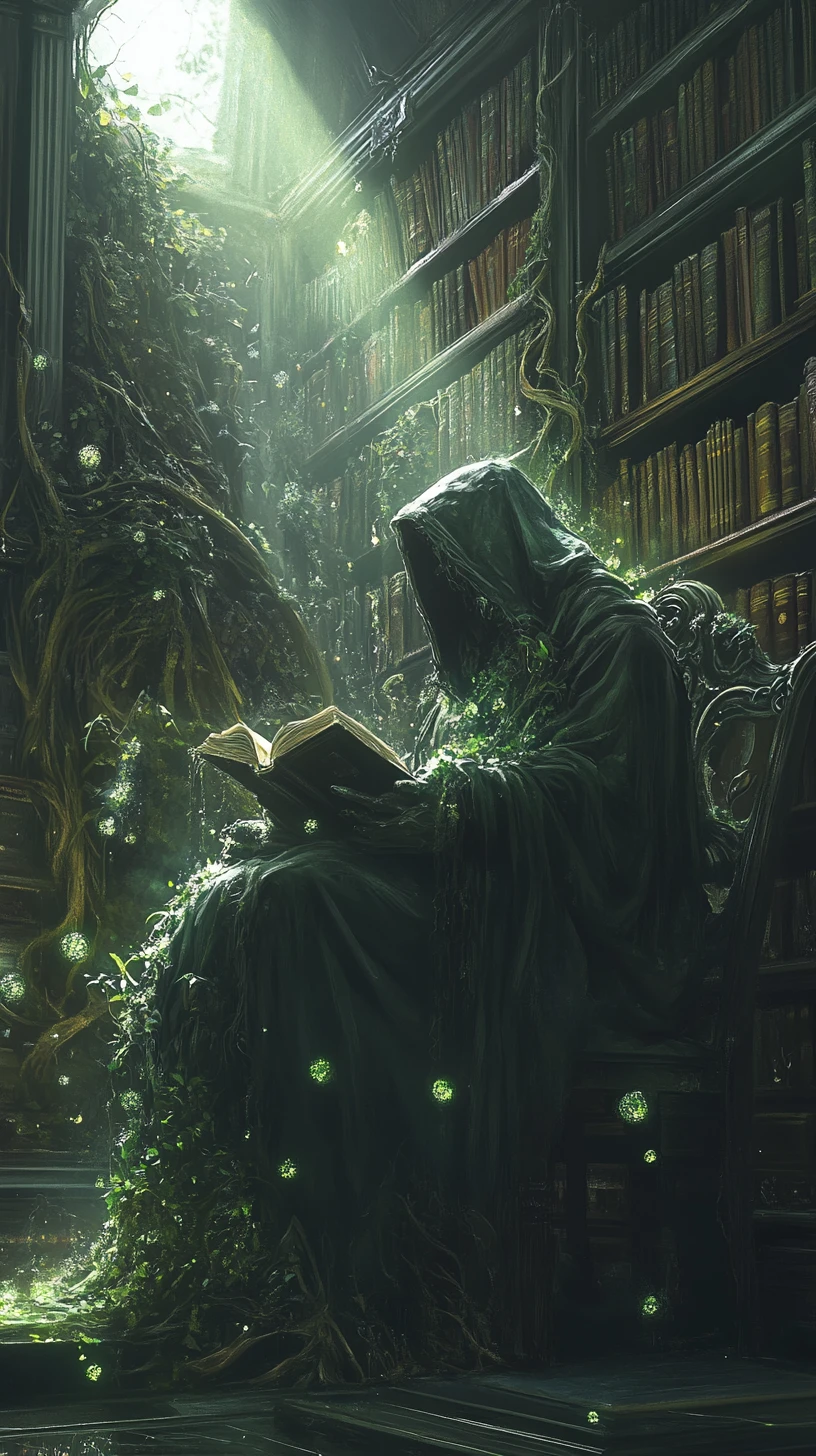Hooded guardian seated in an endless gothic memory library