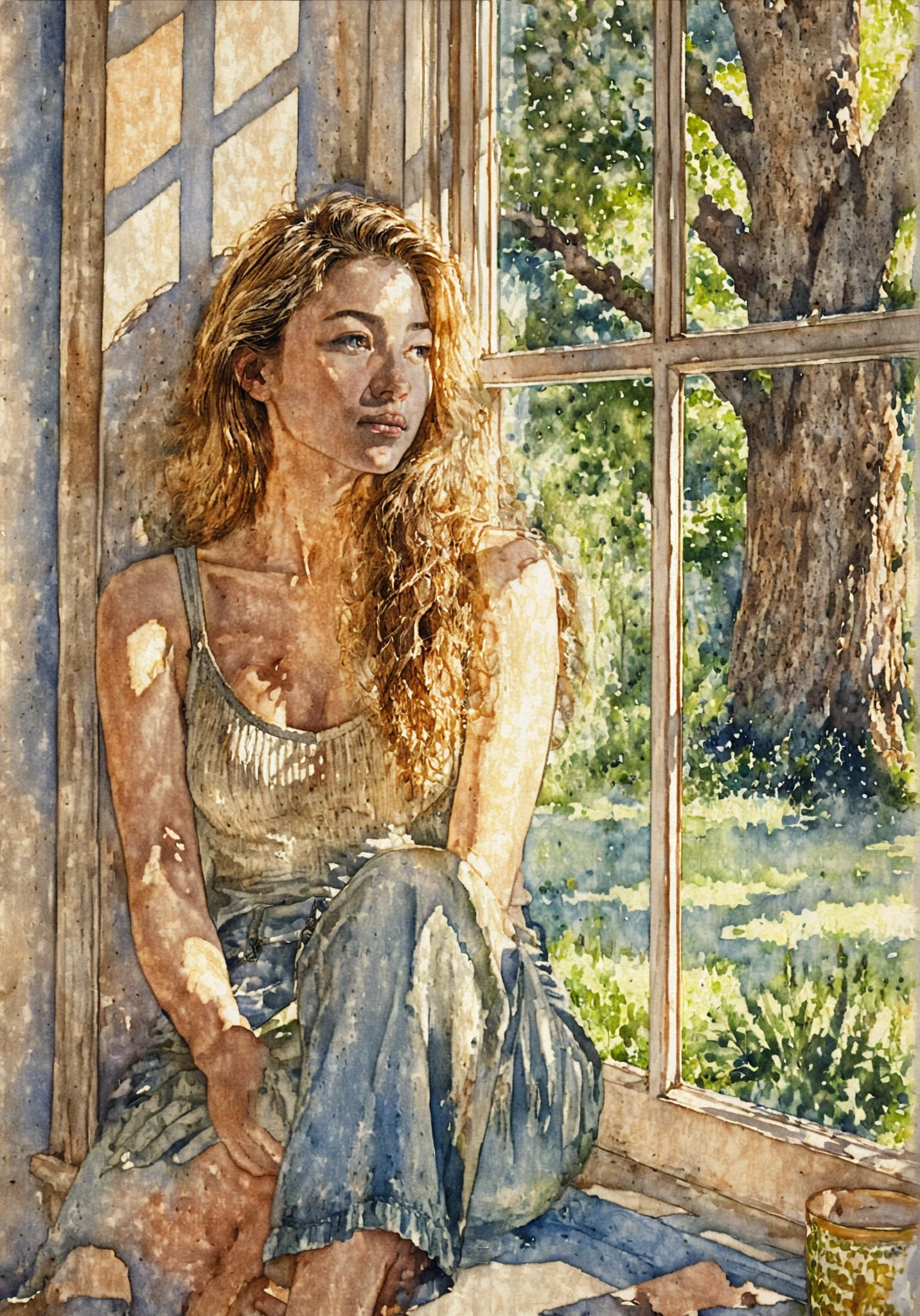 Woman on bay window seat in bright morning sunlight