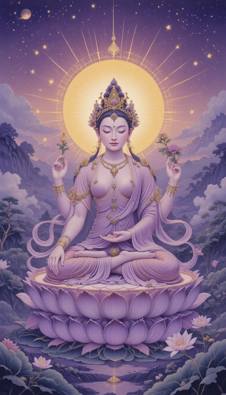 Avalokitesvara On Lotus In Serene Chinese Landscape Painting