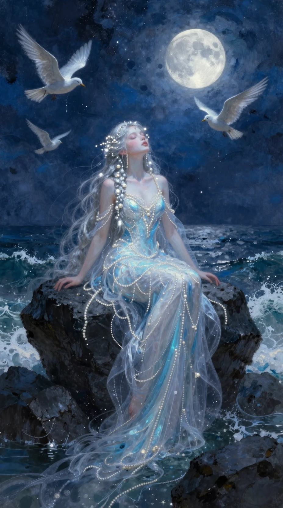 Sirena mística reposando en rocas marinas a la luz de la luna