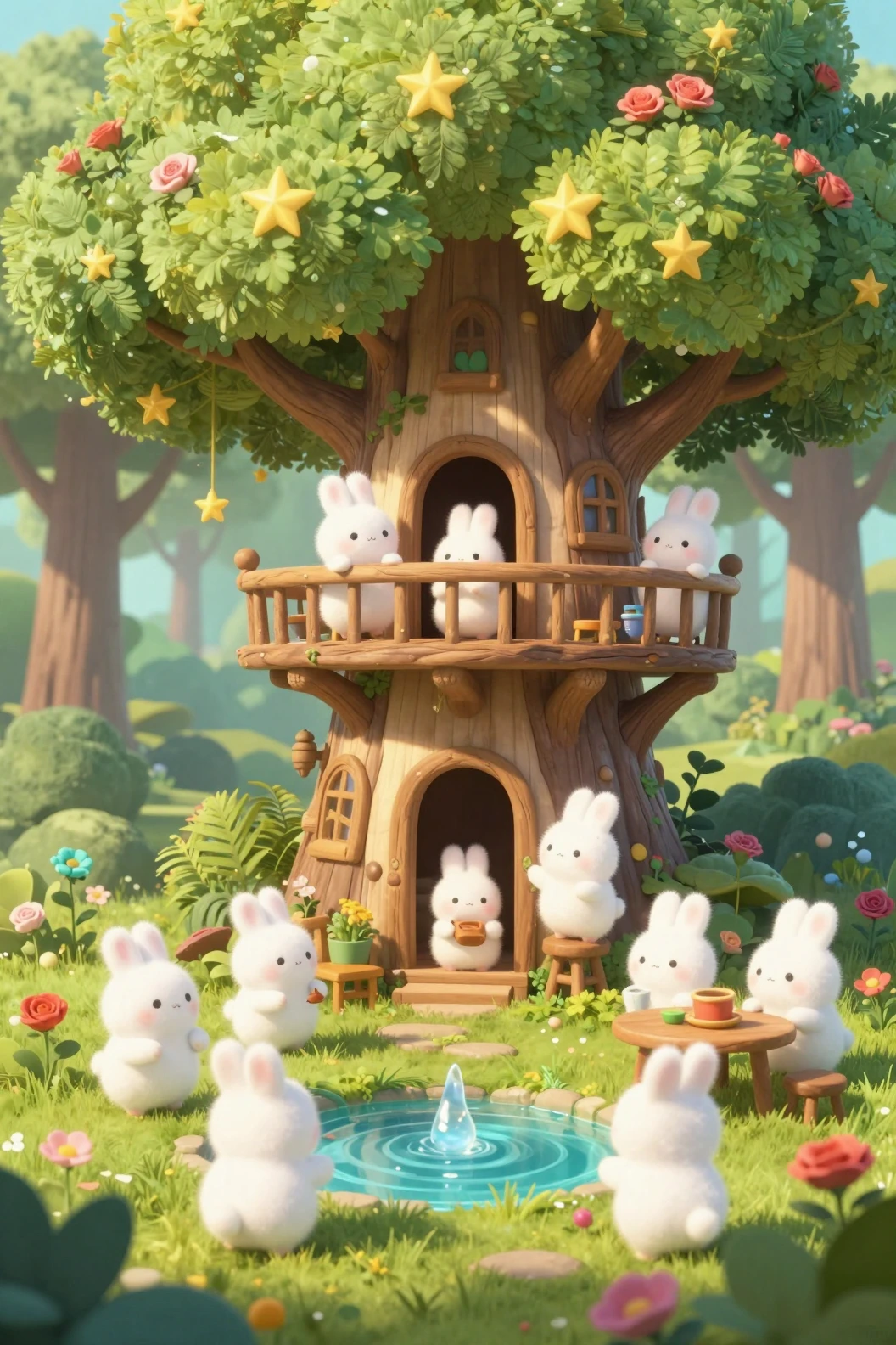 Whimsical 3D treehouse forest with playful chibi rabbits