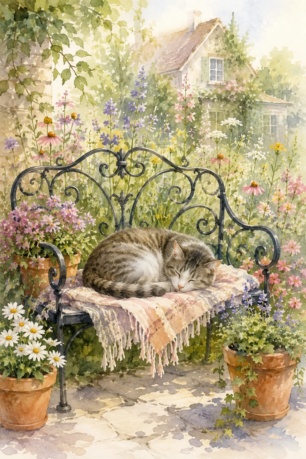 Watercolor cat sleeping on a garden bench with flowers