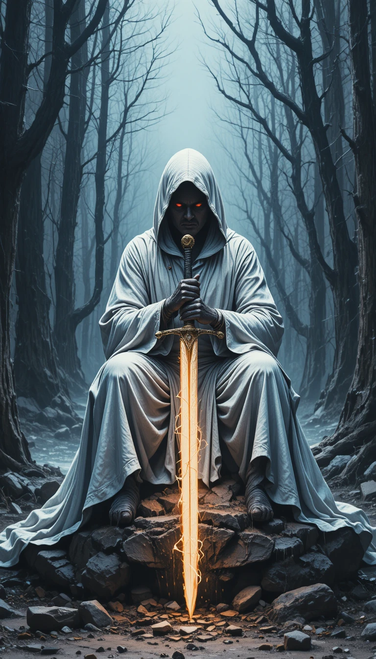 Hooded sword warrior seated on a rock in dark forest