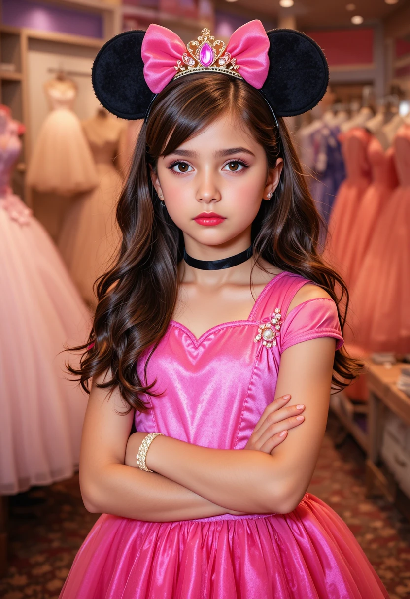Reluctant boy in pink minnie dress posing in shop