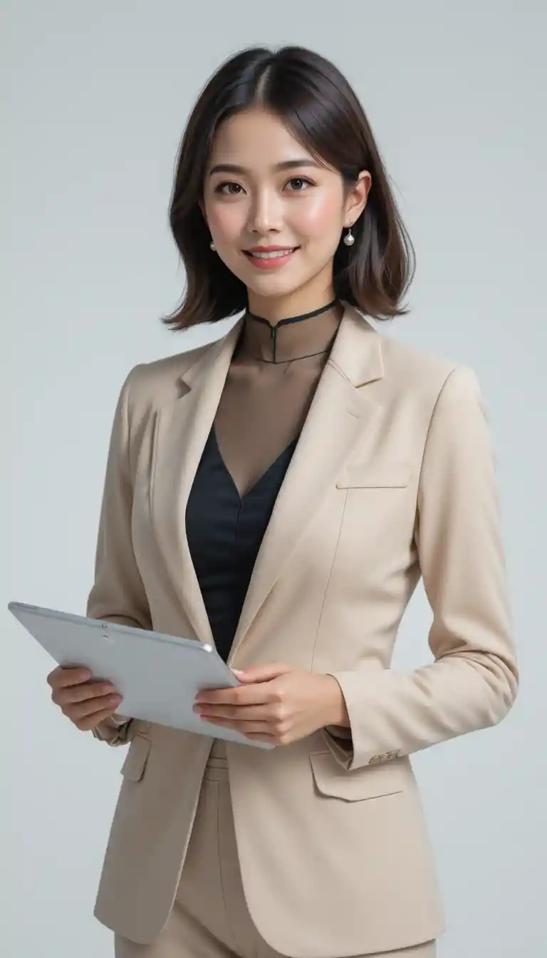Confident Japanese businesswoman with tablet on white background