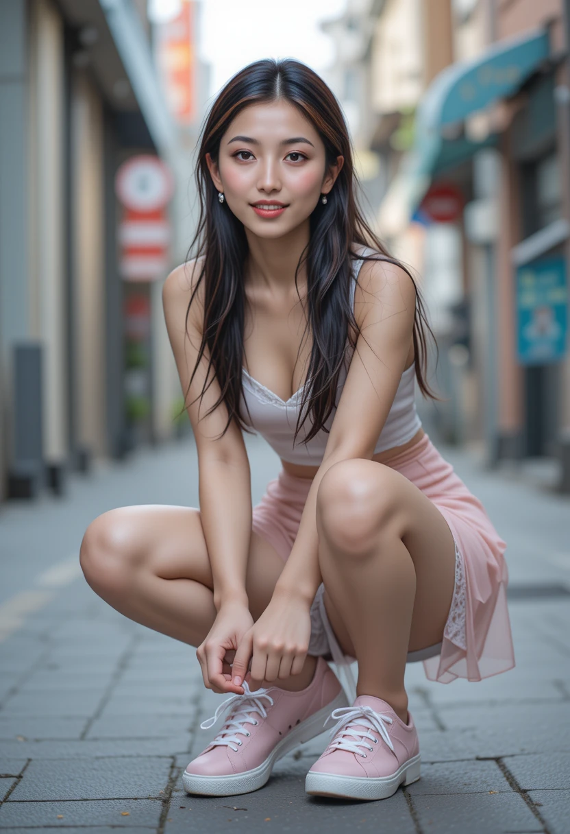 Asian woman tying sneaker laces on a city street
