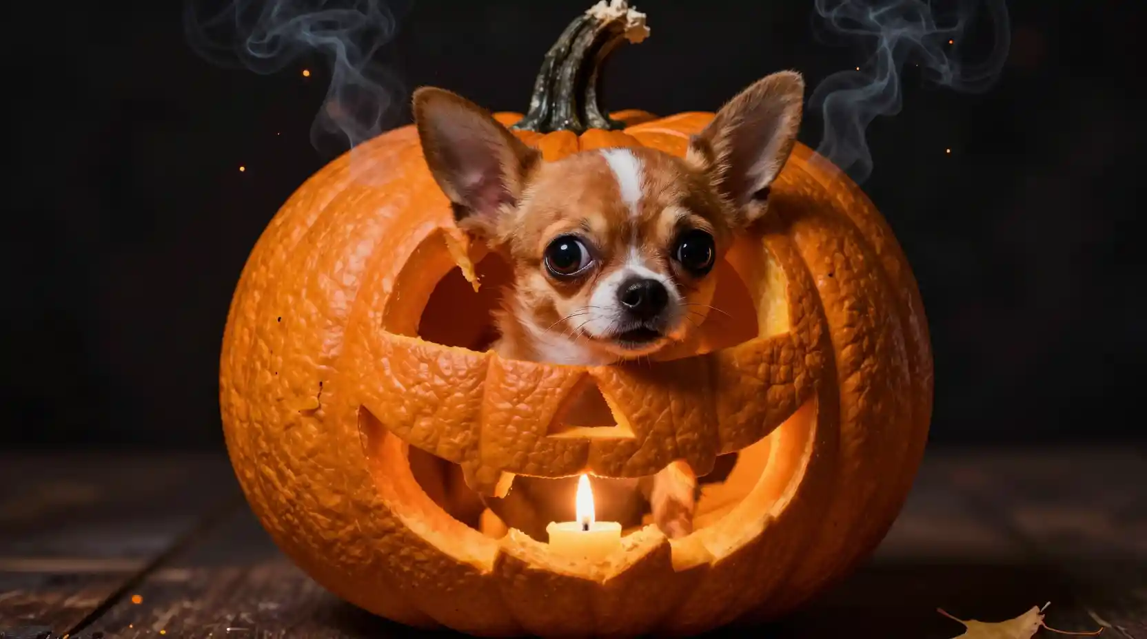 Winziger Chihuahua in leuchtendem Halloween-Kürbis – Illustration