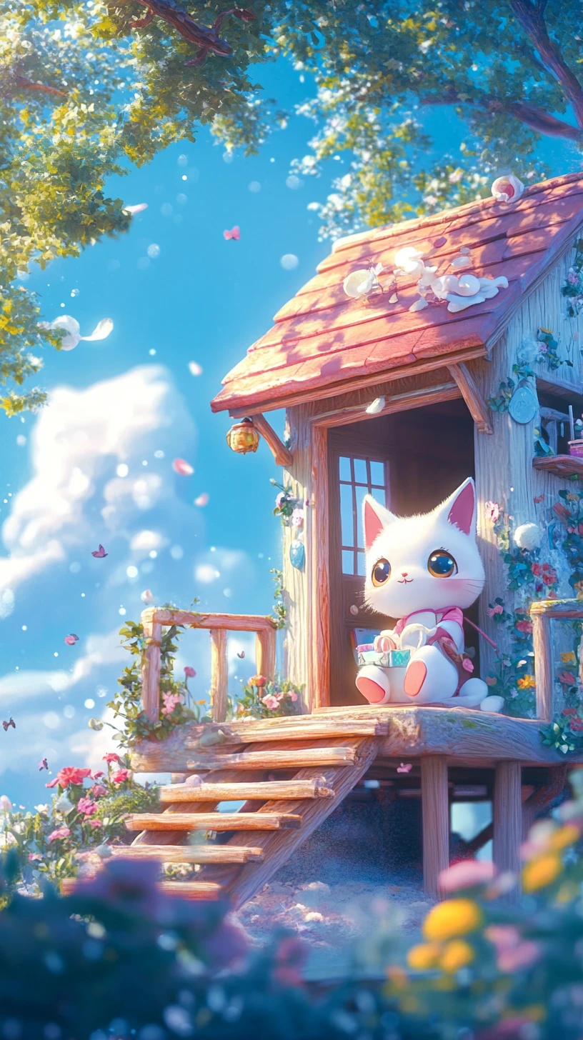 Whimsical childrens illustration in bright pastel anime style
