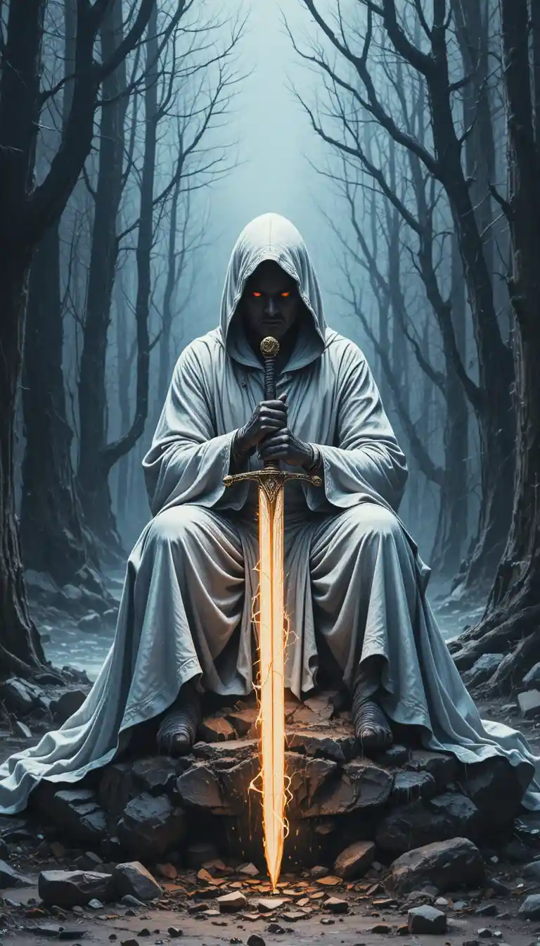 Hooded sword warrior seated on a rock in dark forest