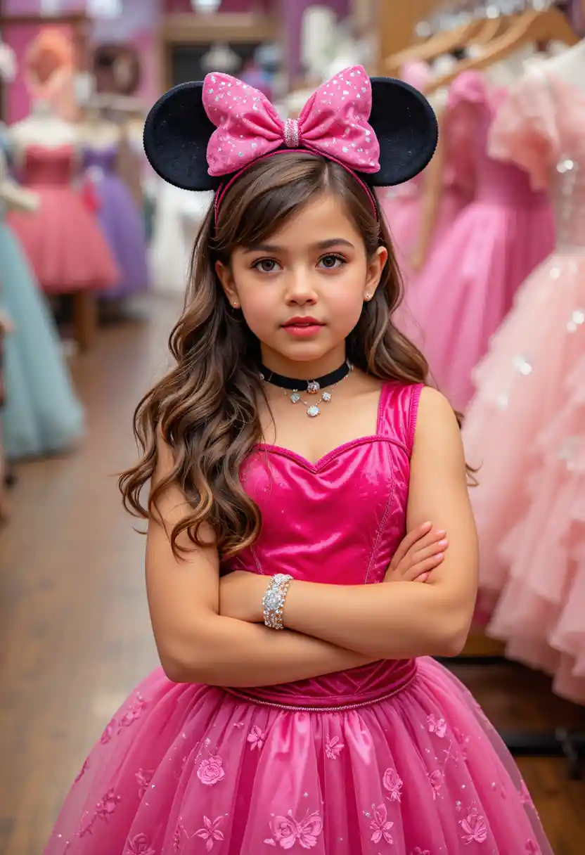 Reluctant young boy in pink Minnie dress posing indoors