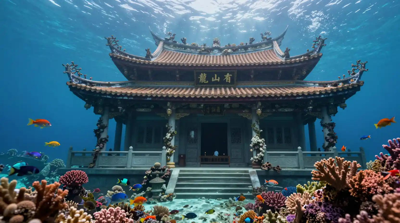 Underwater view of Longshan Temple in a coral reef