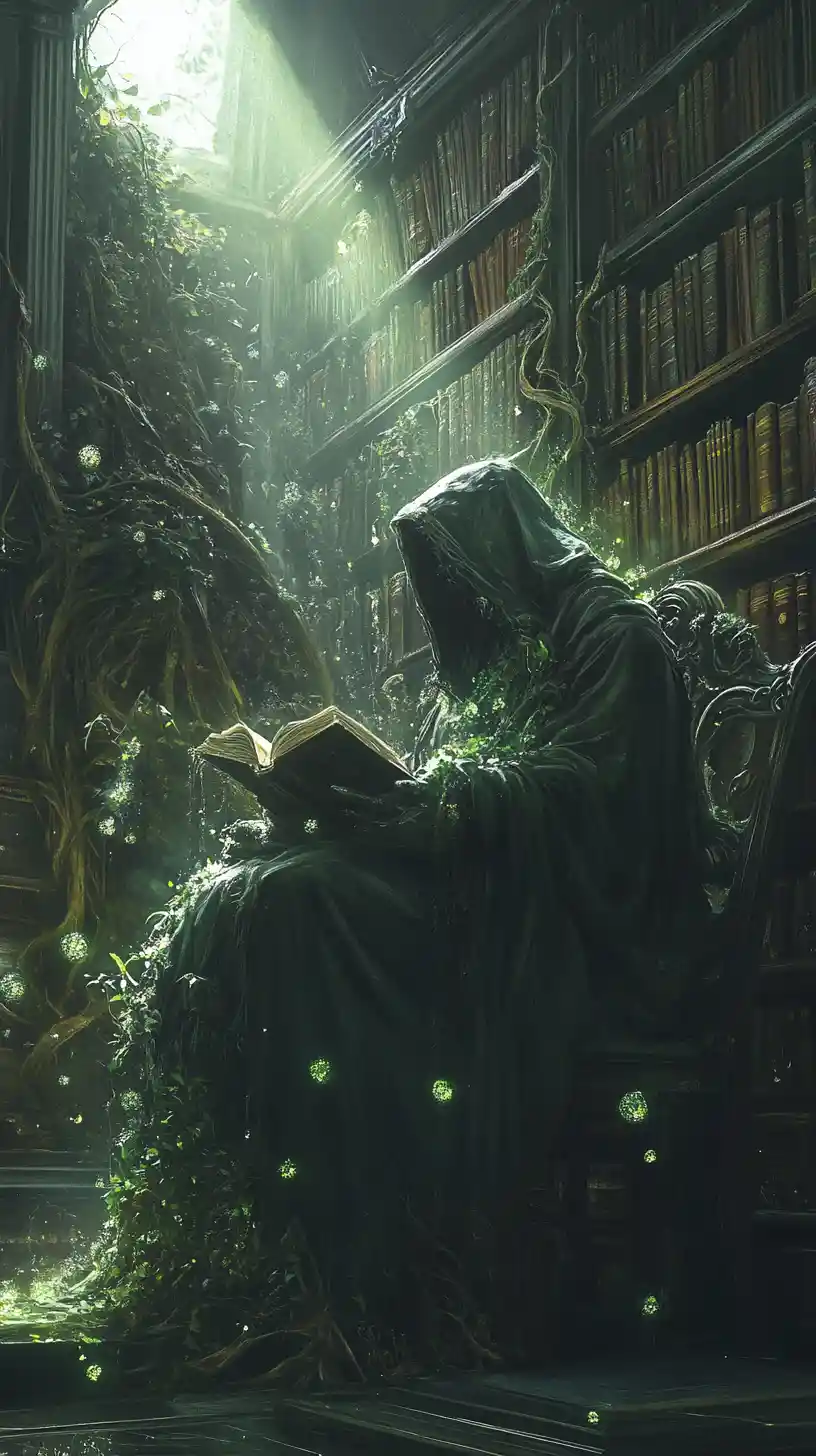Hooded guardian seated in an endless gothic memory library