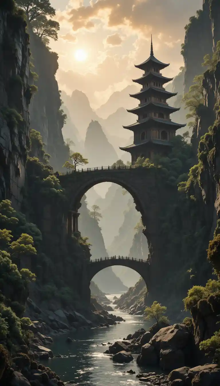 Ancient pagoda on mossy cliff above a dramatic gorge