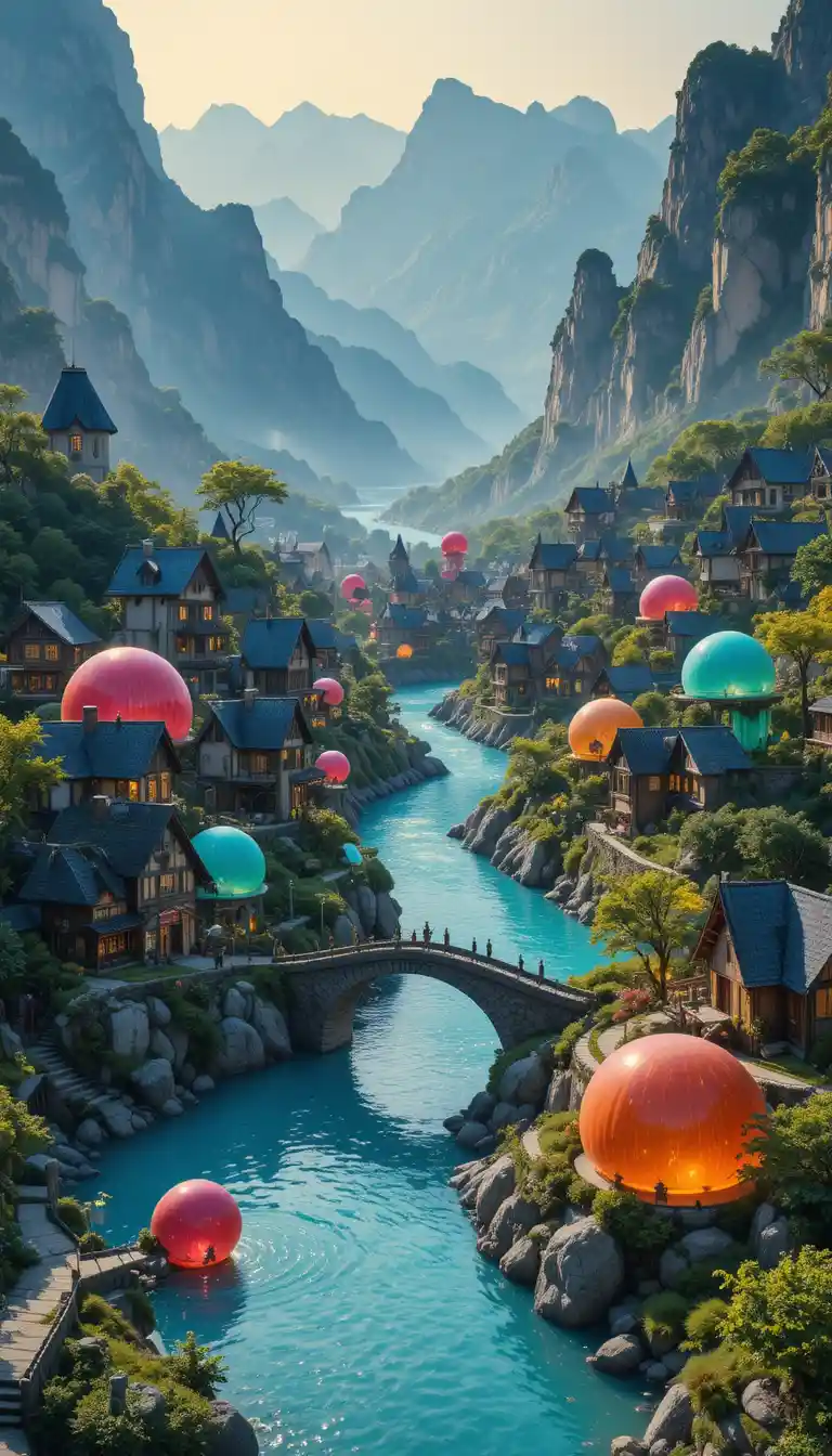 Whimsical fantasy village in a lush mountain valley