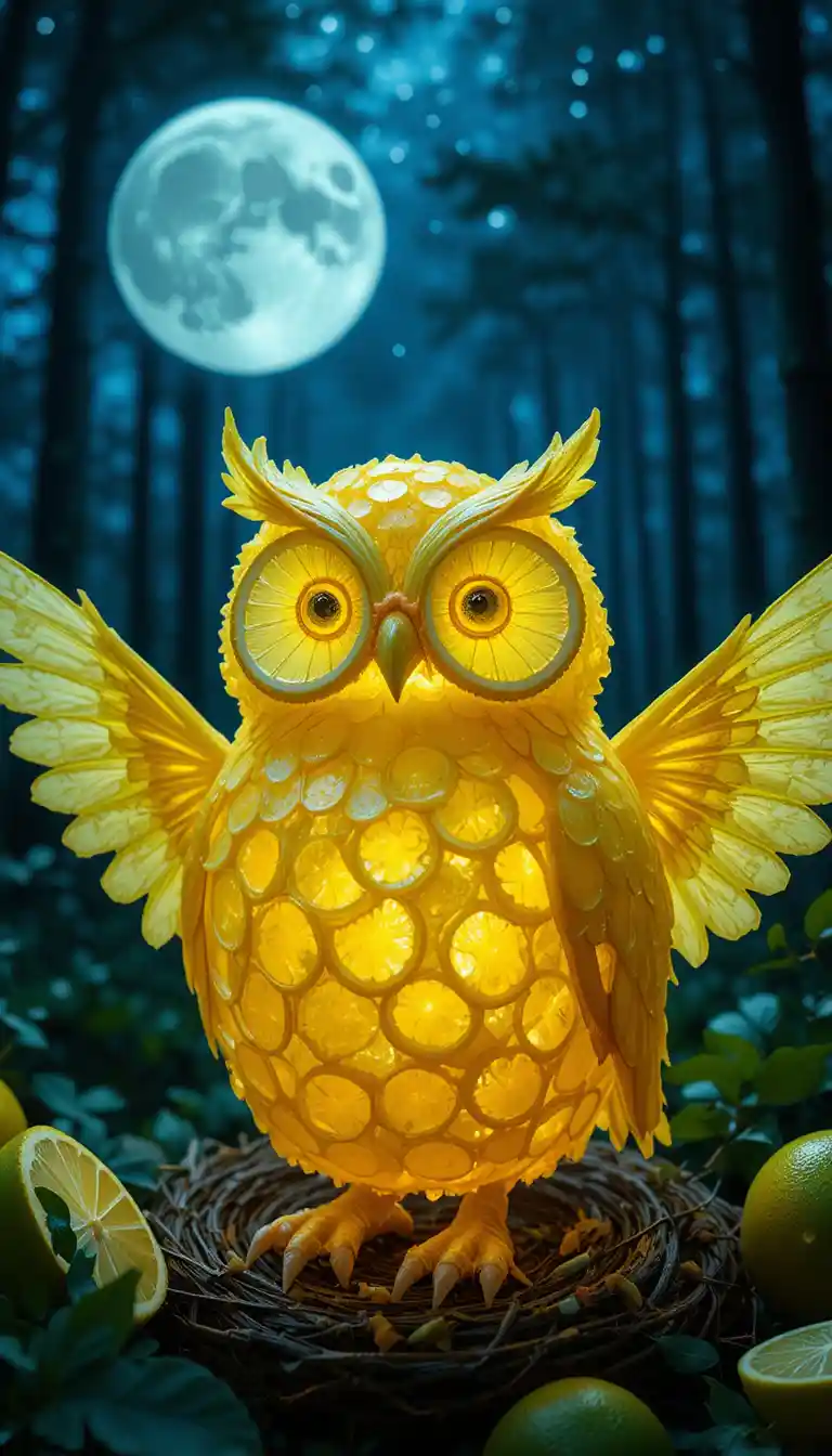 Whimsical Lemon Owl Under A Glowing Moonlit Forest Sky
