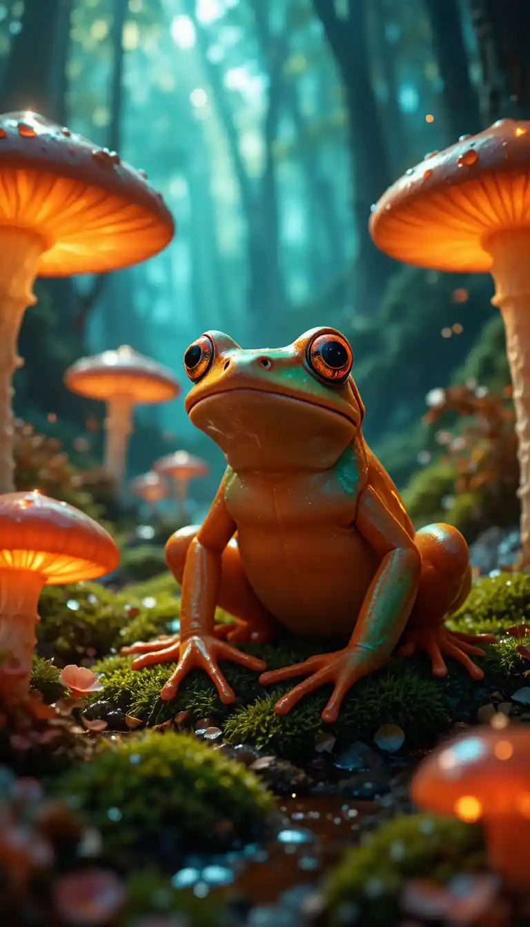 Colorful frog in an enchanted forest with glowing mushrooms