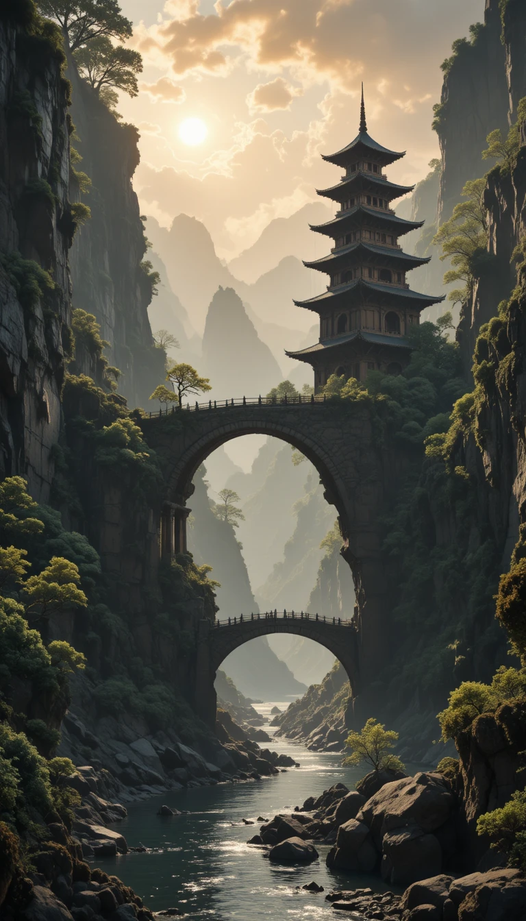 Ancient pagoda on mossy cliff above a dramatic gorge