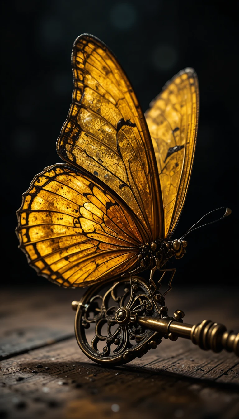 Macro butterfly on antique brass key against dark background
