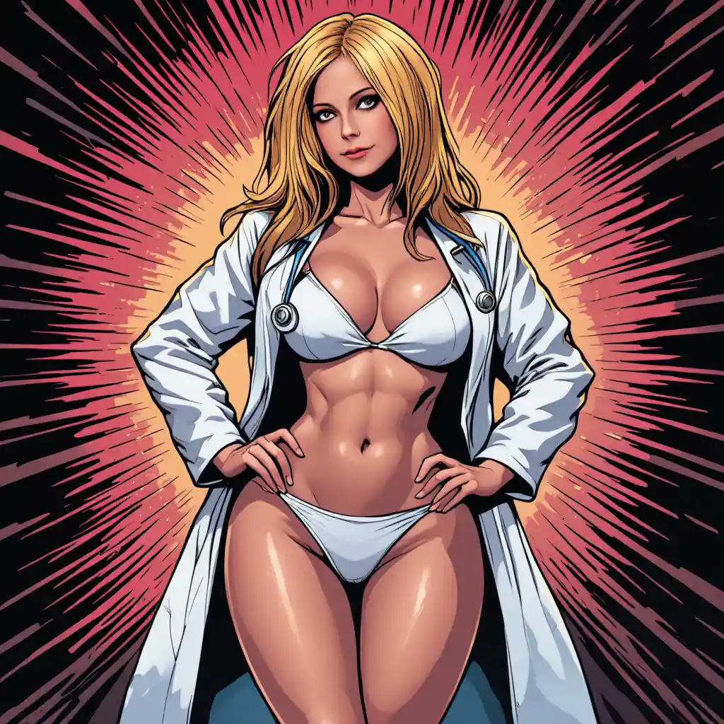 Curvy woman in bikini and lab coat with stethoscope