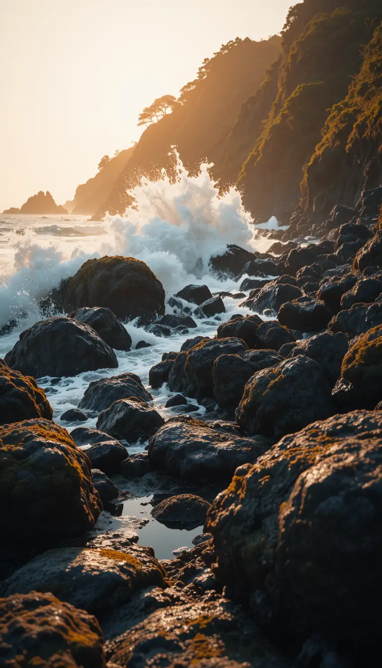 Dramatic rocky coastline at sunset with crashing waves