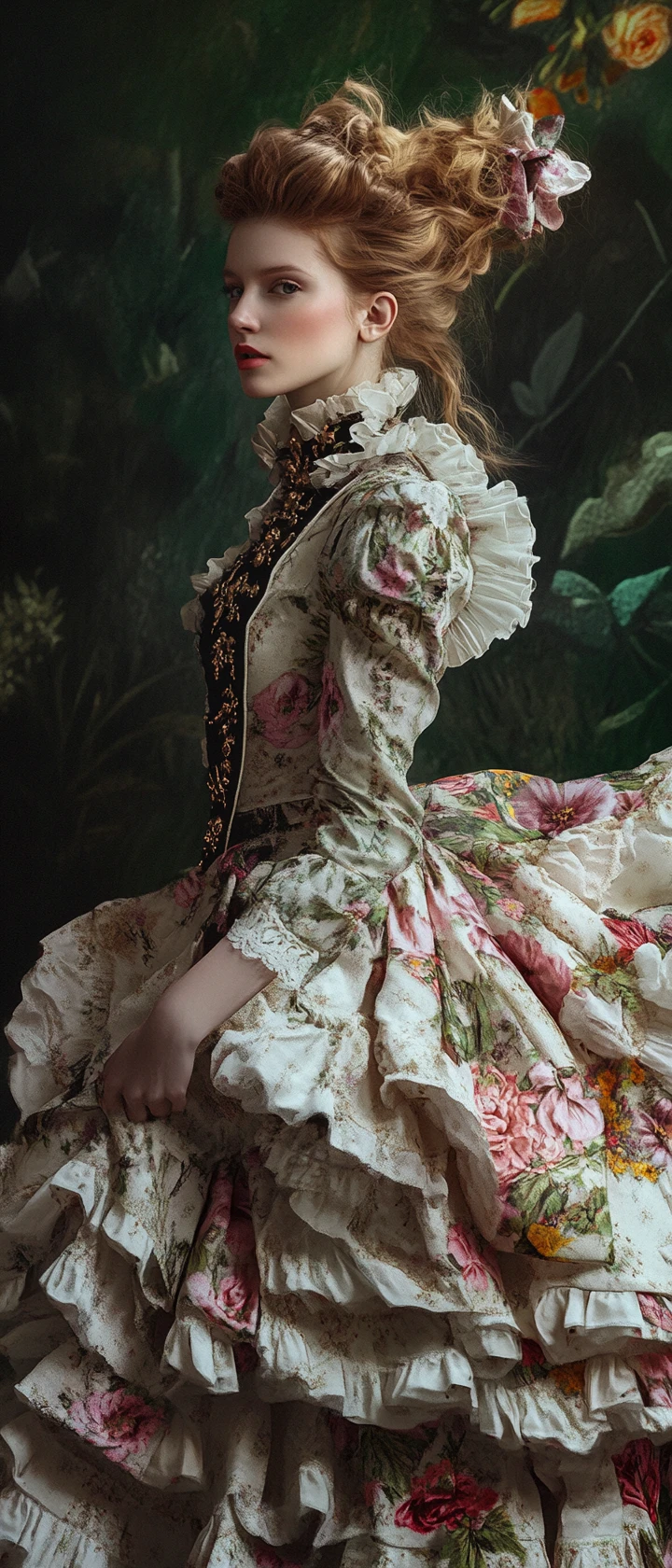 Joyful woman in ornate french baroque fashion gown