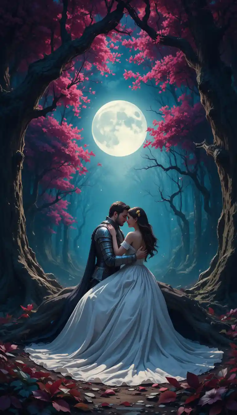 Knight and woman embracing beneath a glowing forest moon