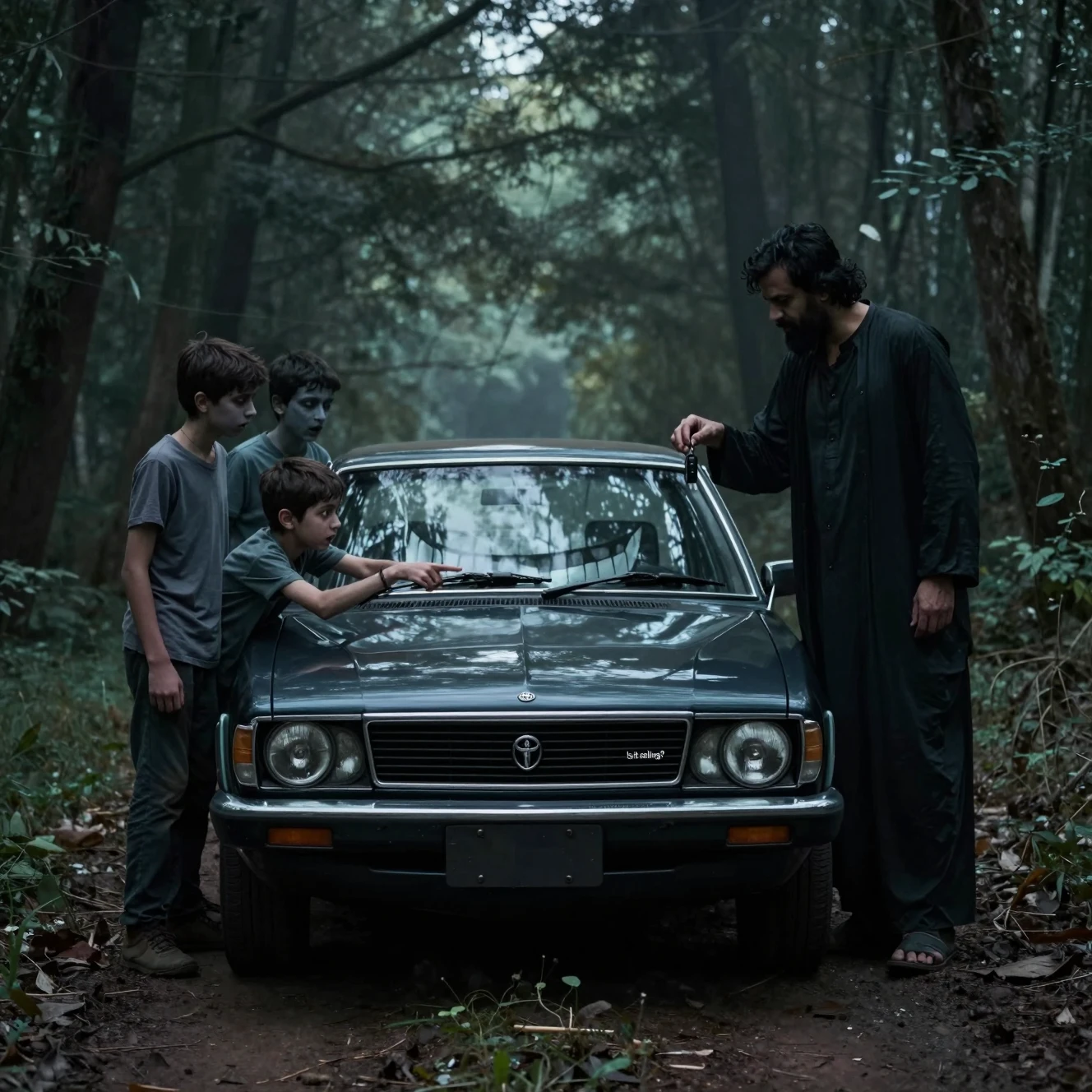 Boys And A Sinister Car In A Dark Forest Path