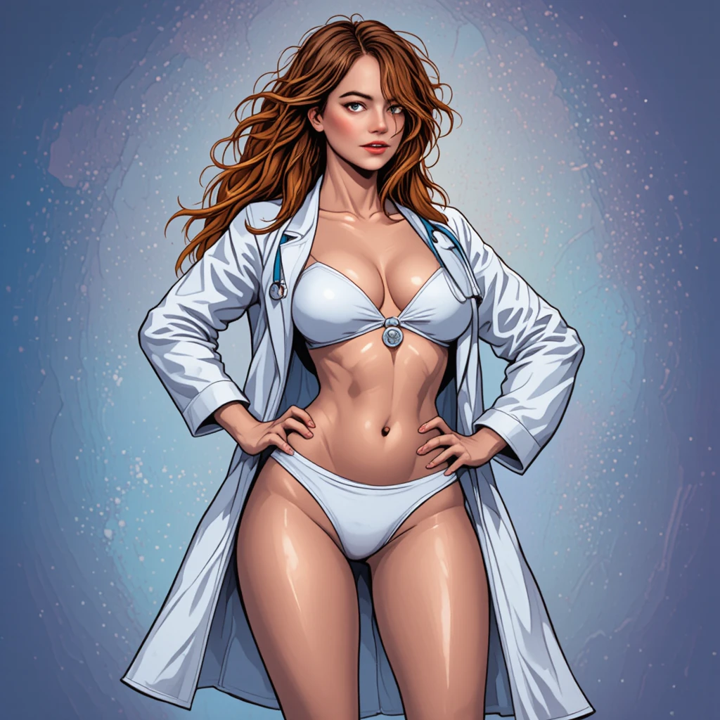 Curvy woman in white bikini and lab coat with stethoscope
