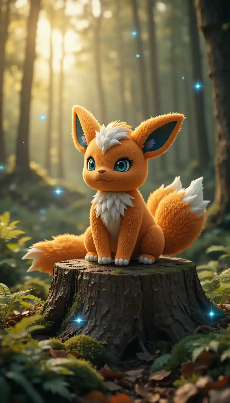 Plush fox toy on mossy tree stump in glowing forest