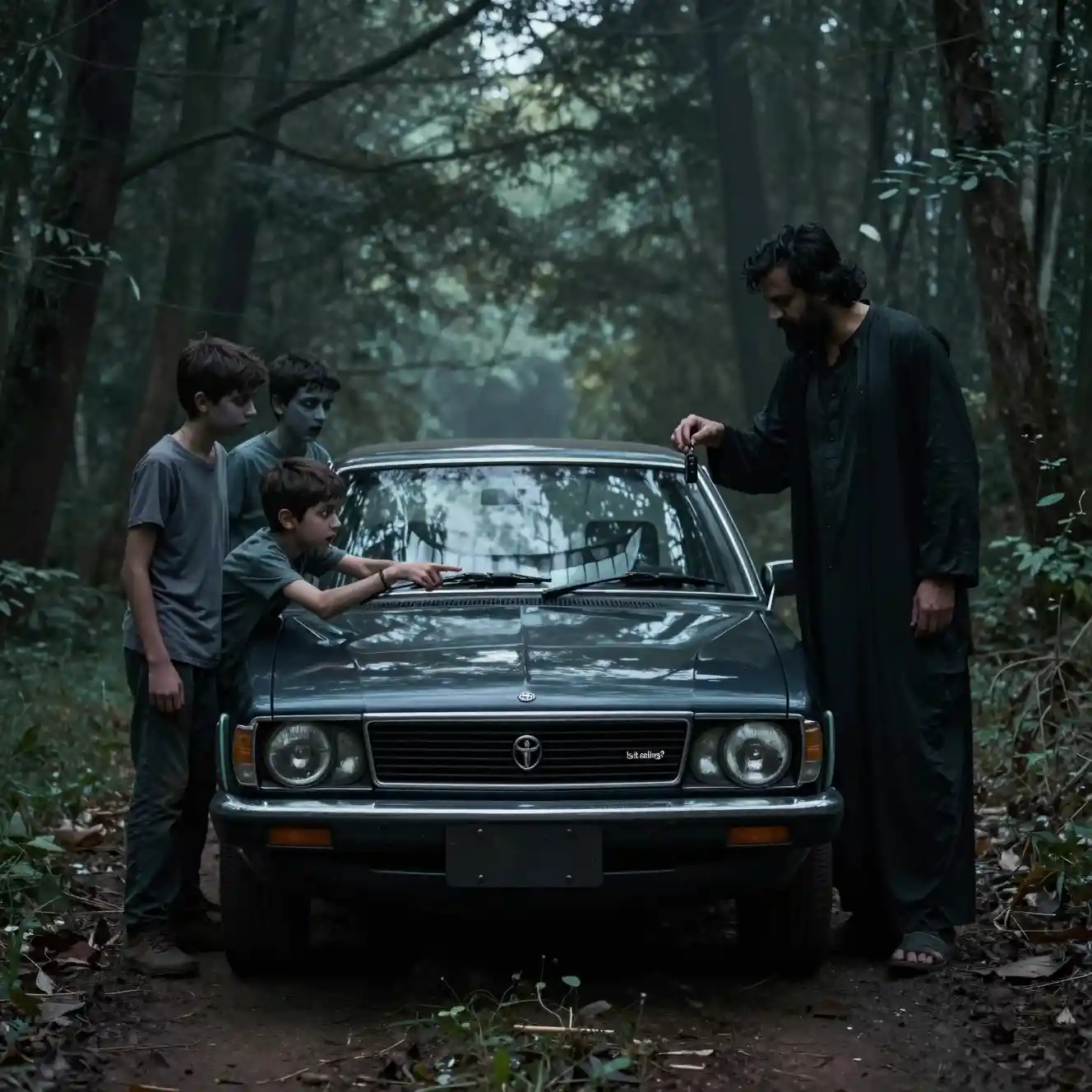 Boys And A Sinister Car In A Dark Forest Path