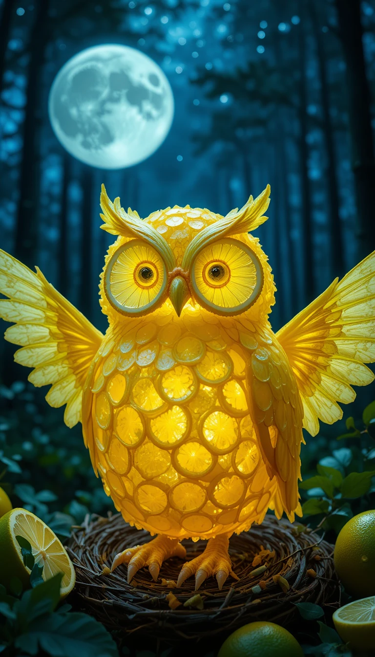 Whimsical Lemon Owl Under A Glowing Moonlit Forest Sky