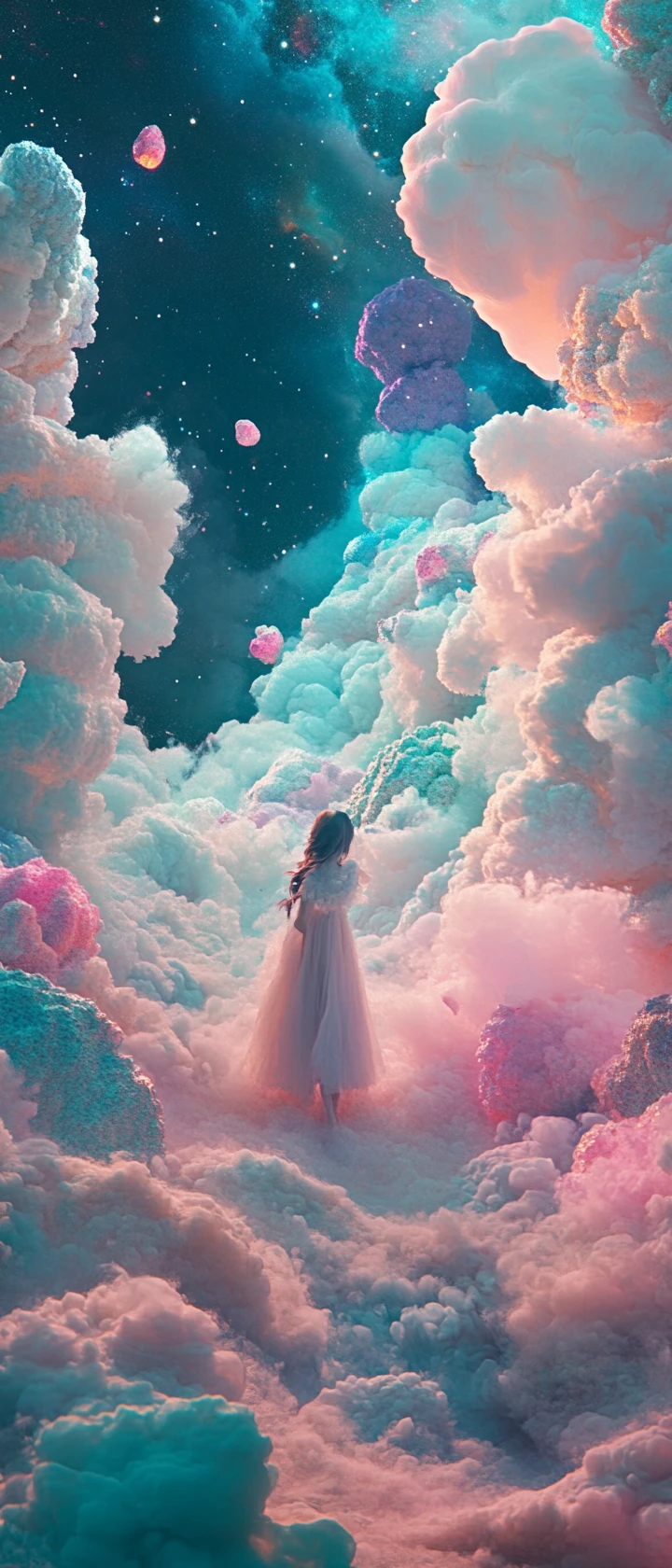 Paisaje onírico surreal en tonos pastel profundos y colores vibrantes