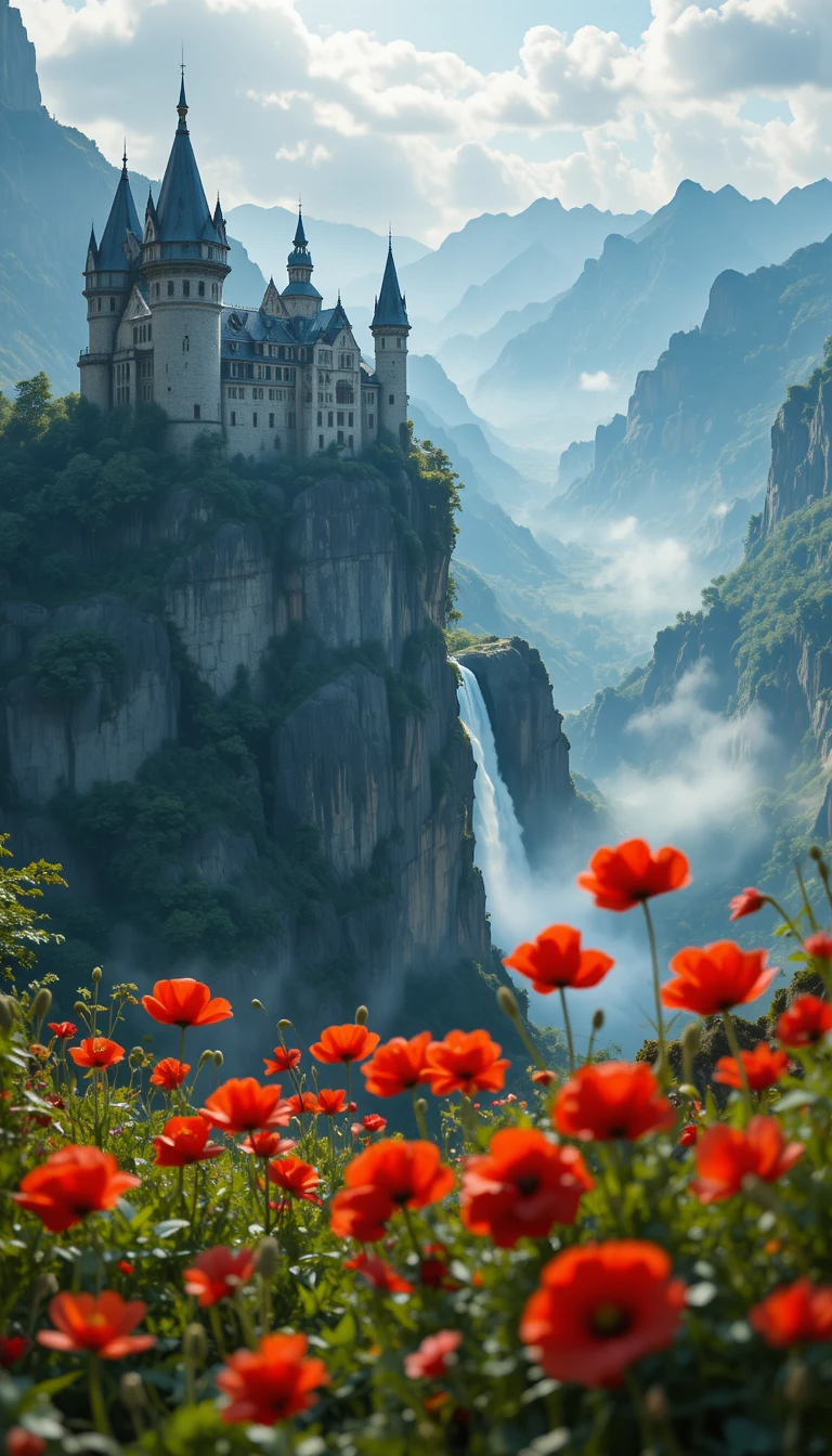 Ancient cliffside castle above waterfall and red poppy field