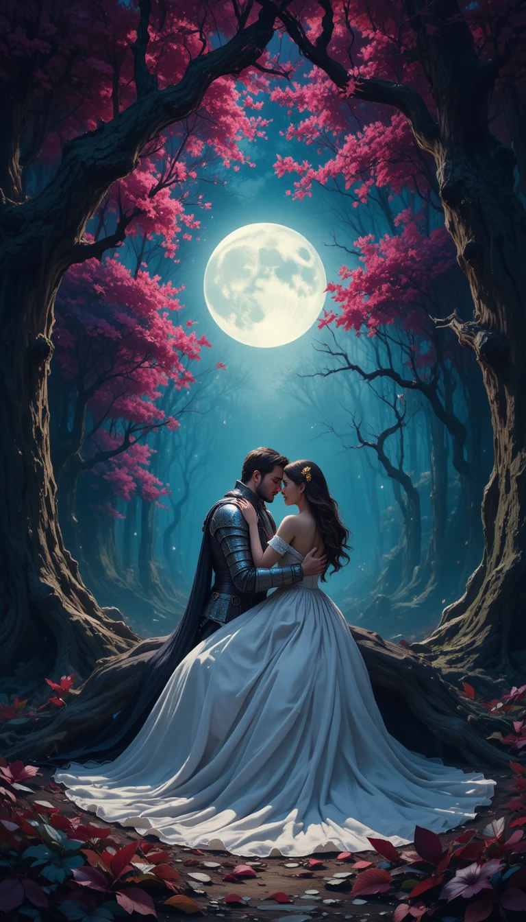 Knight and woman embracing beneath a glowing forest moon