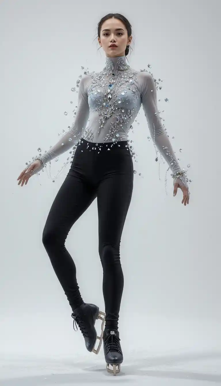 Figure skater in two piece crystal costume on white background