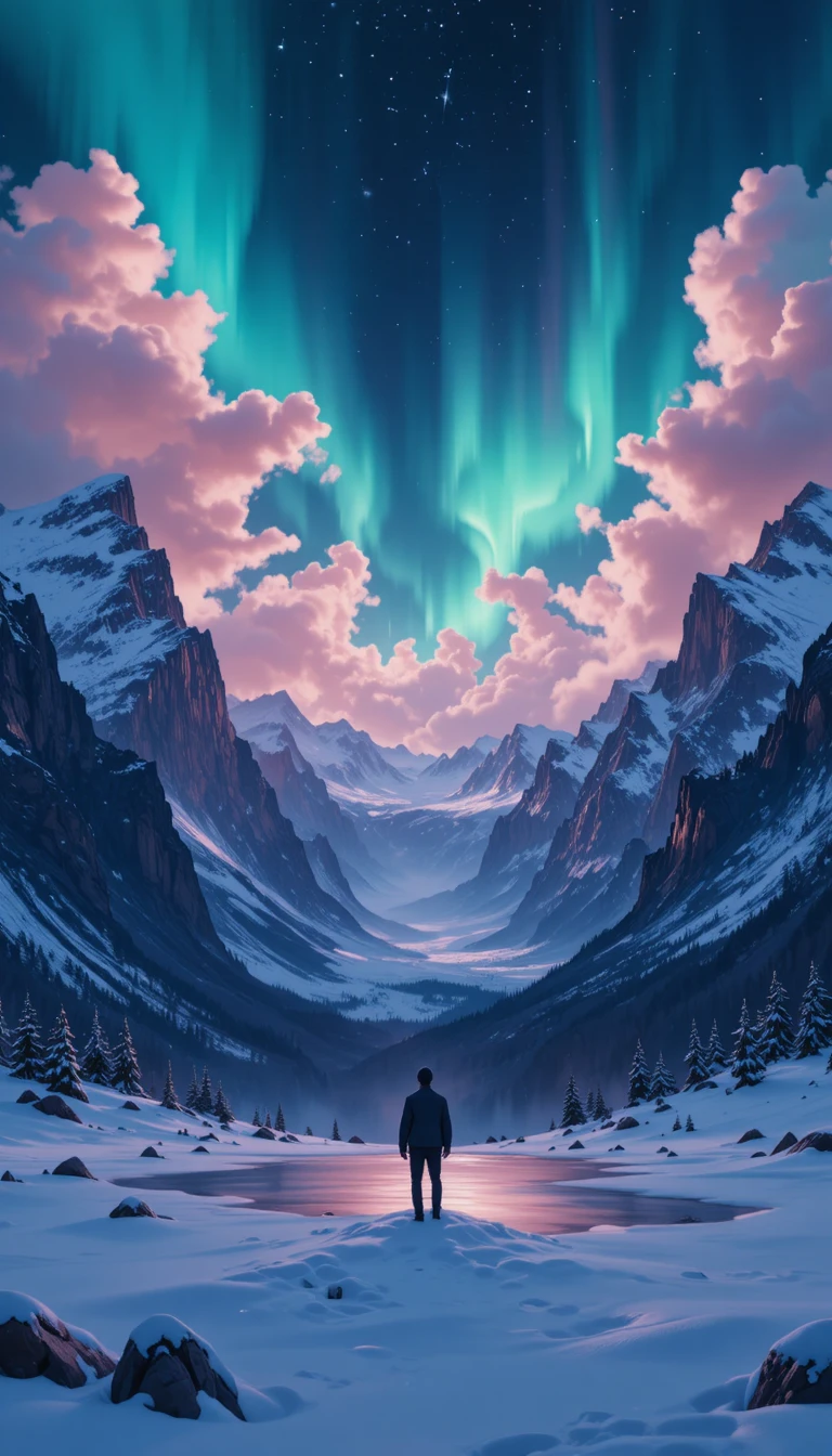 Lone figure under glowing aurora in snowy mountain valley