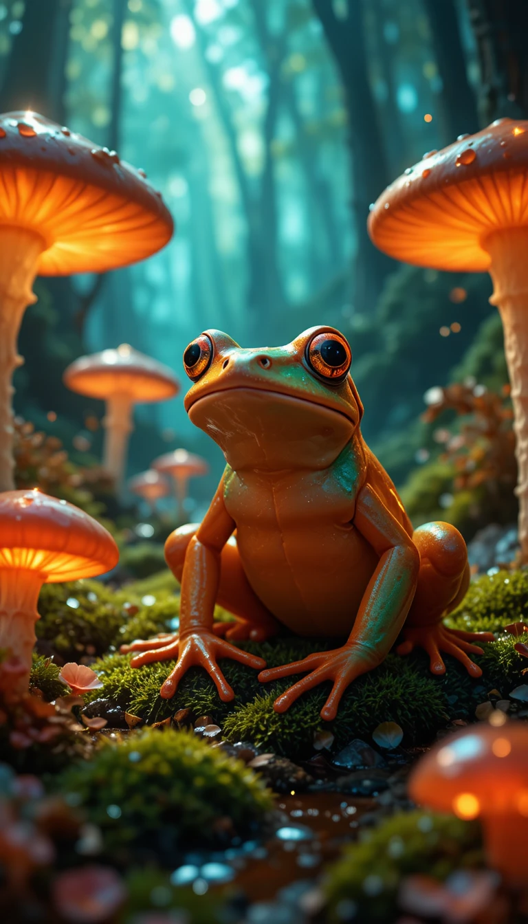 Colorful frog in an enchanted forest with glowing mushrooms