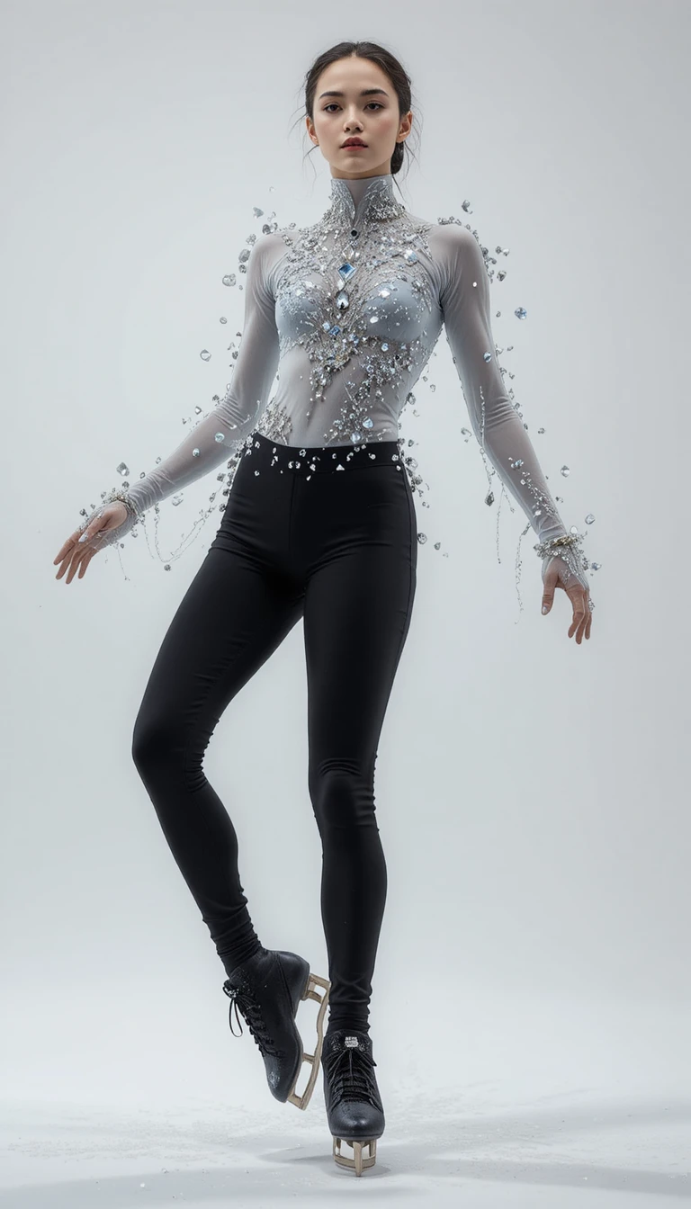 Figure skater in two piece crystal costume on white background