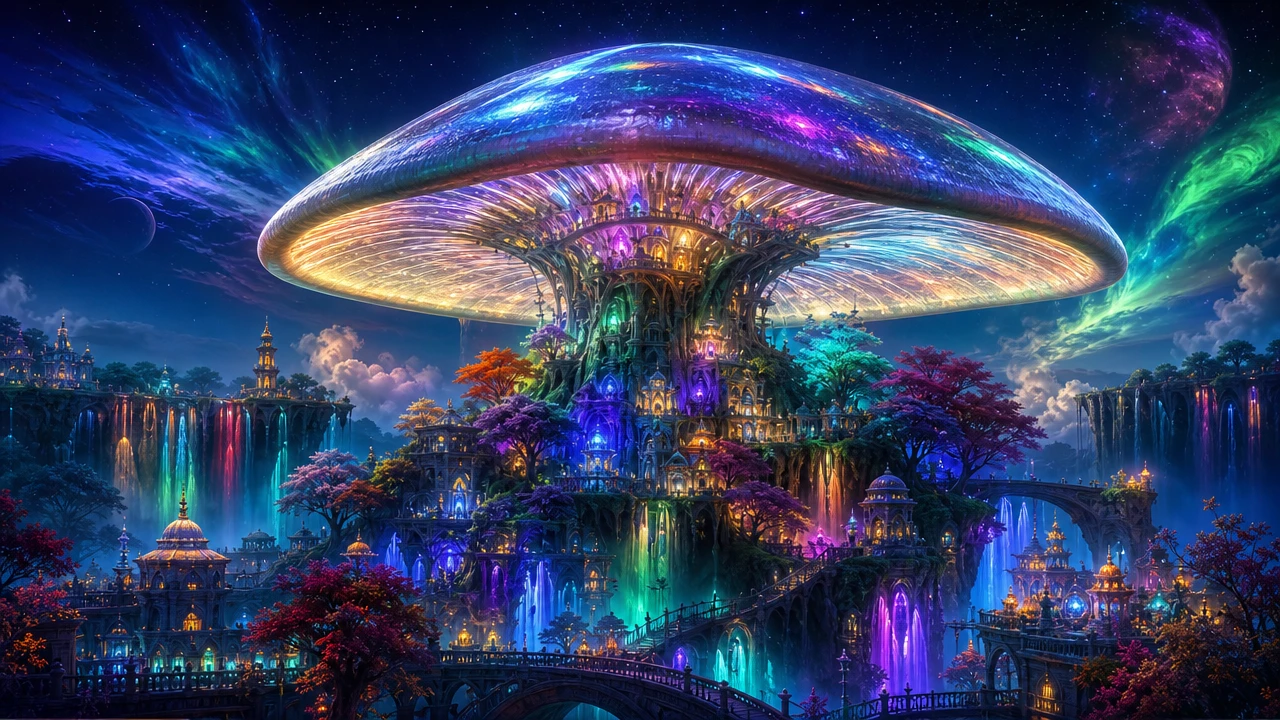 Surreal giant mushroom city under auroras and rainbow waterfalls