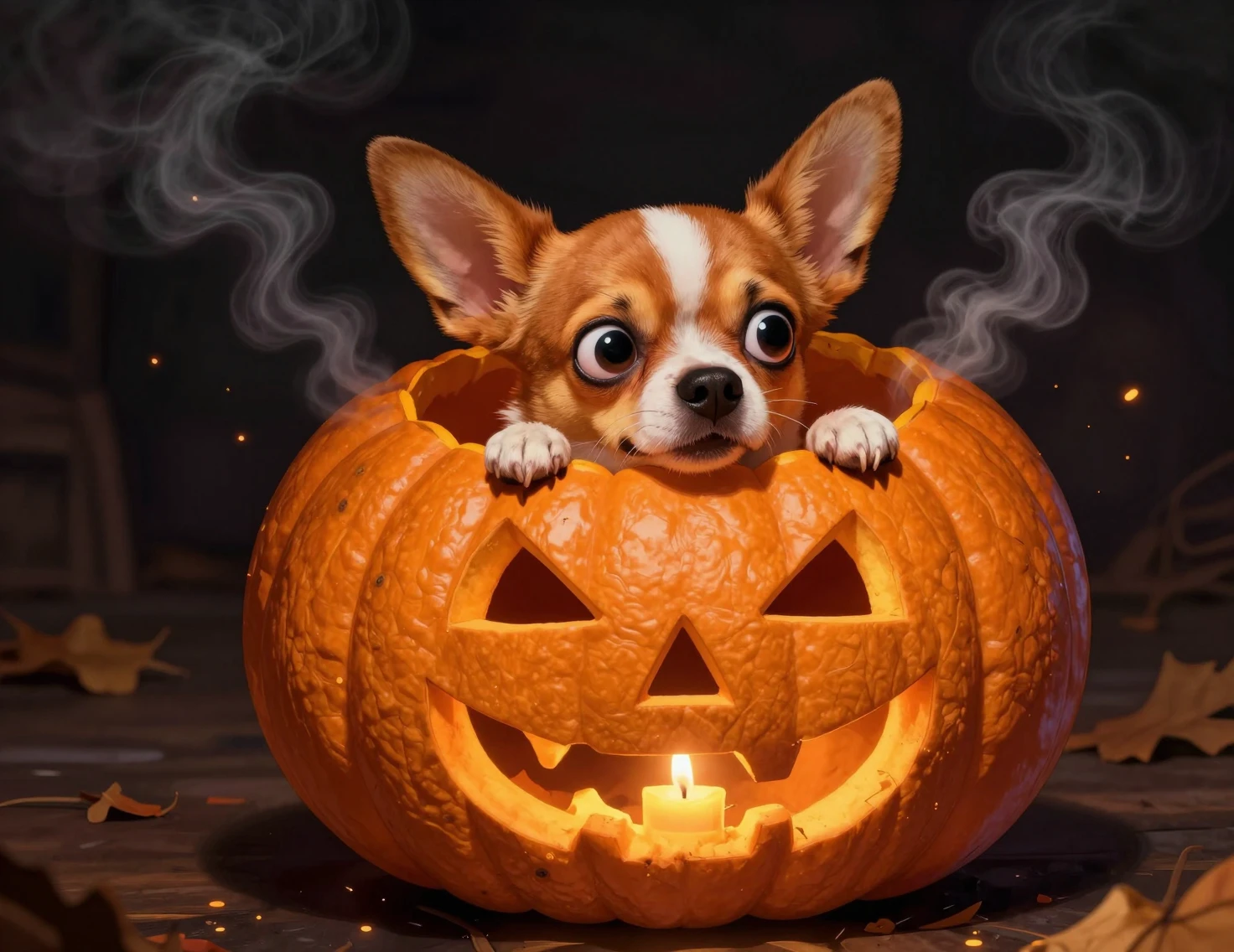 Funny chihuahua peeking from a glowing halloween pumpkin