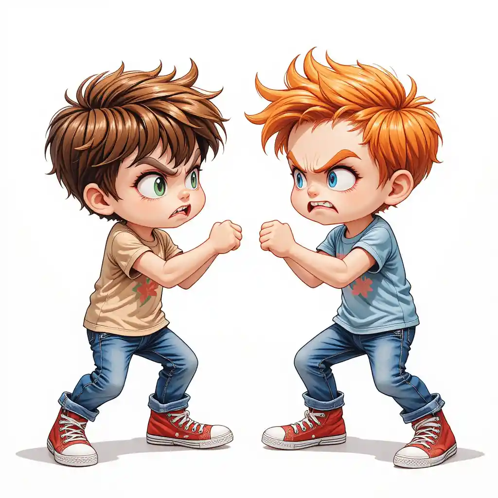 Two young boys fighting on a clean white background