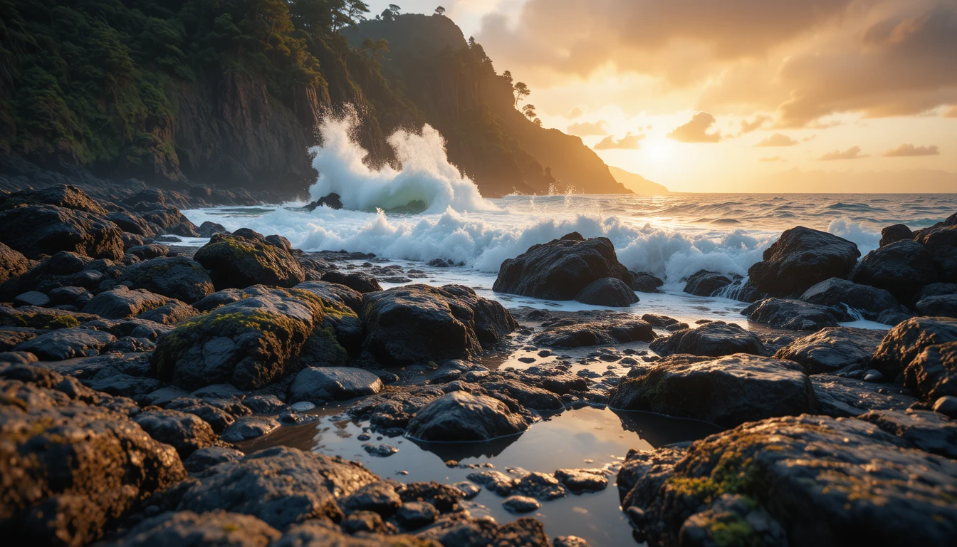 Dramatic rocky coastline at sunset with crashing waves