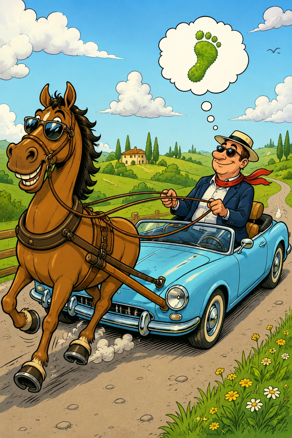 Cartoon cabriolet comic illustration with playful eco humor