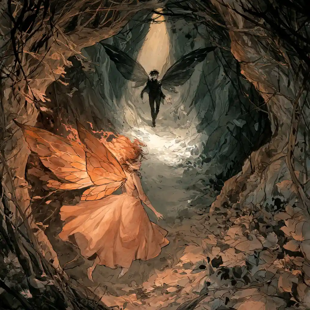 Fata dalla chioma di fiamme che fluttua lungo un sentiero nella foresta oscura