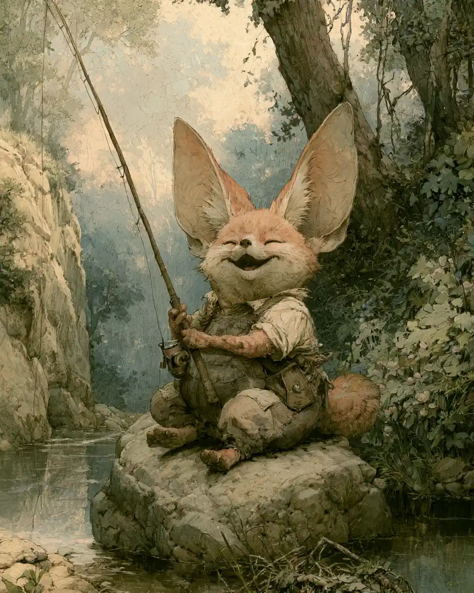 Plump Fennec Fox Fishing By A Quiet Forest Stream